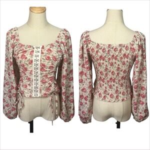 Boho Cottage Corset Smocked Floral Top Sz S/M Feminine Peasant Romantic Coquette
